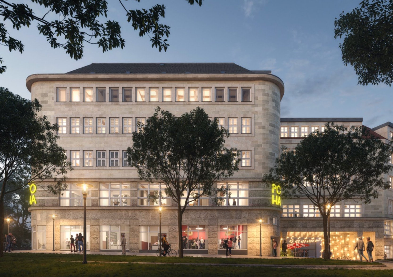 An architectural rendering of the upcoming POHA House Essen, showcasing a stately, multi-story building with a light-colored stone facade and a prominent rounded corner. The scene is captured at twilight, featuring two glowing yellow "POHA" neon signs on the building’s exterior. Warm light fills the many windows, and the ground floor reveals active community spaces, including an area tucked under a building overhang illuminated by festive string lights. The foreground features a dark green lawn, silhouetted trees, and glowing street lamps, creating a sophisticated and inviting urban atmosphere.