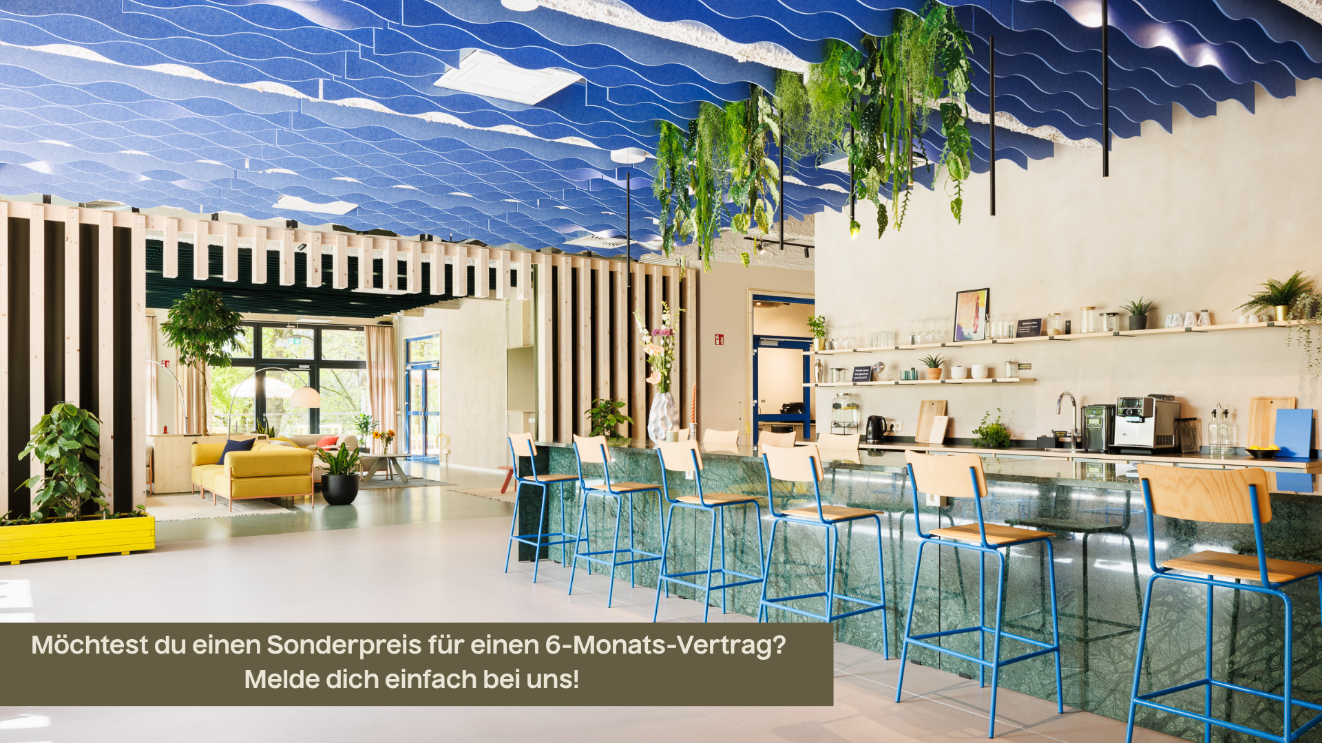 Moderne Co-Working Küche und Loungebereich mit blauer Wellendecke