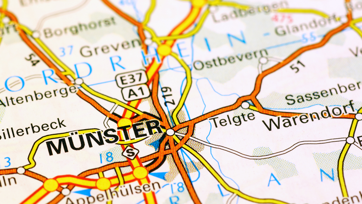 Close-up section of a road map centered on the city of Münster, Germany, showing major connecting highways like the A1 and various regional roads.