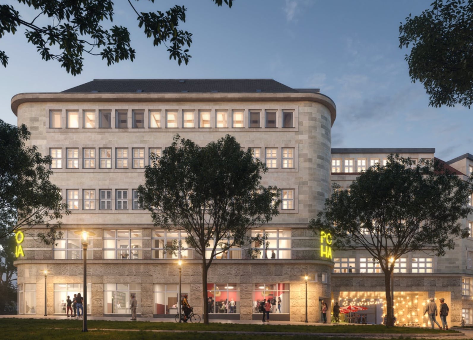 An architectural rendering of the upcoming POHA House Essen, showcasing a stately, multi-story building with a light-colored stone facade and a prominent rounded corner. The scene is captured at twilight, featuring two glowing yellow "POHA" neon signs on the building’s exterior. Warm light fills the many windows, and the ground floor reveals active community spaces, including an area tucked under a building overhang illuminated by festive string lights. The foreground features a dark green lawn, silhouetted trees, and glowing street lamps, creating a sophisticated and inviting urban atmosphere.