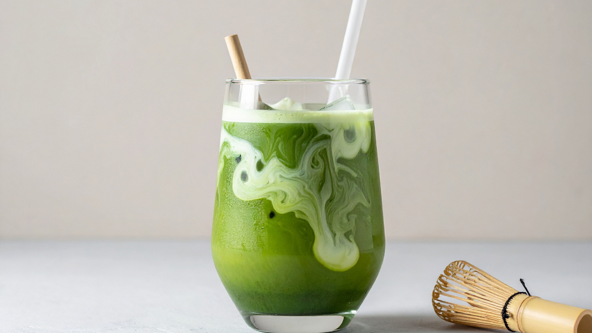 Close-up of a glass of iced matcha latte with visible milk swirling into the bright green tea, served with a straw next to a traditional bamboo whisk (chasen).